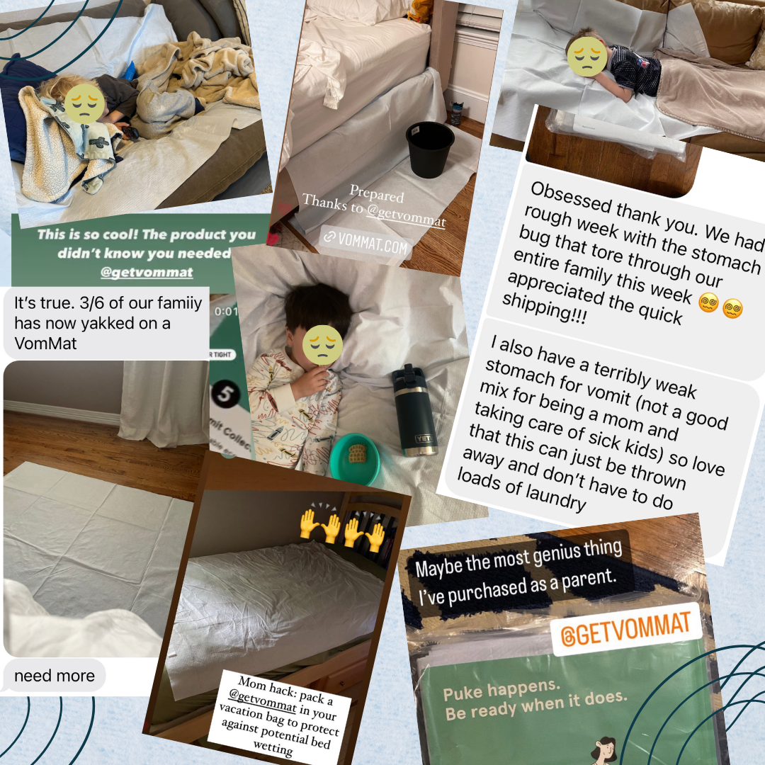 a collage of social media screenshots singing vommat's praises by real moms