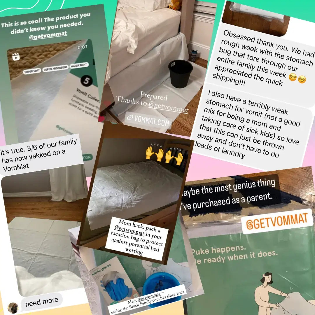 Collage of VomMat product use and user testimonials.