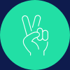 a simple white illustration of a hand making a peace sign inside a green circle